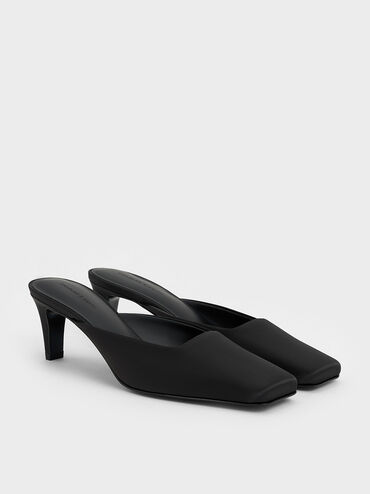 Satin Square-Toe Blade-Heel Mules, Black Textured, hi-res