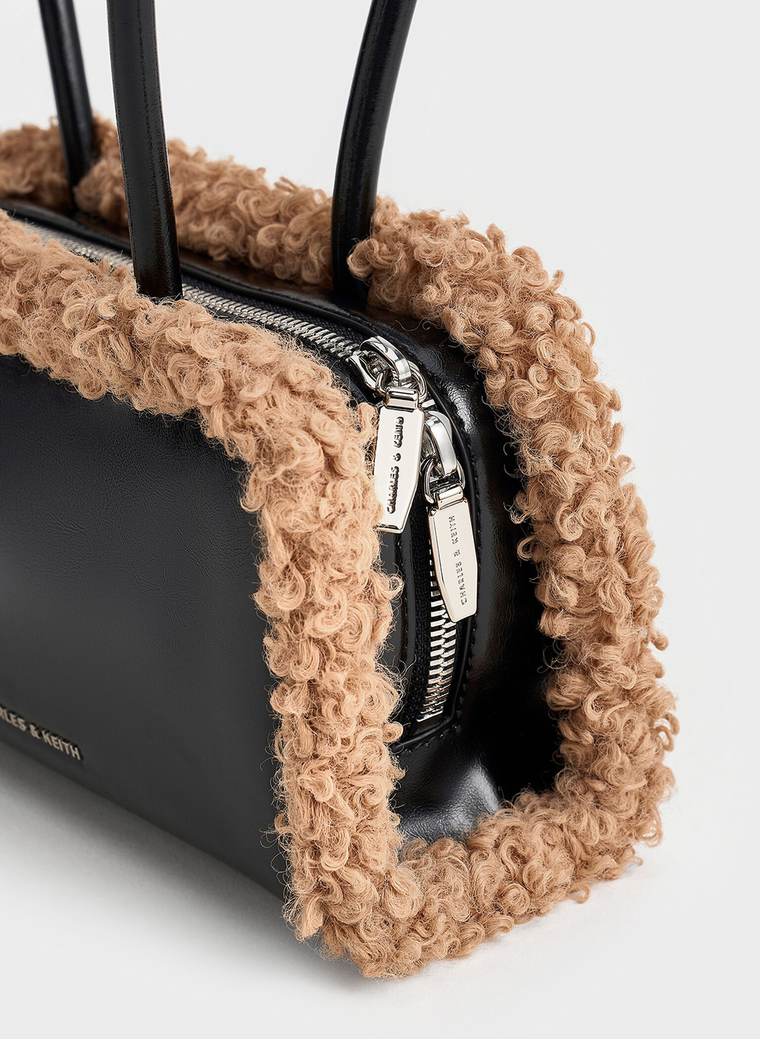 Fur-Trim Elongated-Handle Shoulder Bag, Camel, hi-res