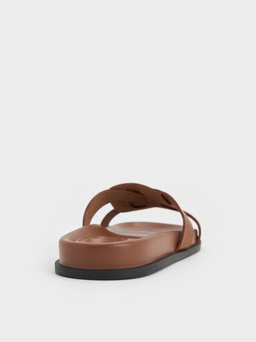 Interwoven Cut-Out Slide Sandals, Brown, hi-res