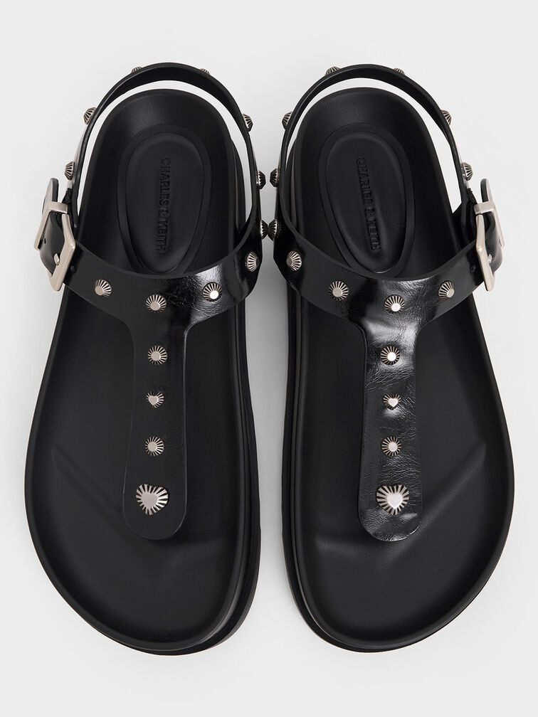 Studded Heart-Embellished Thong Sandals, Black, hi-res