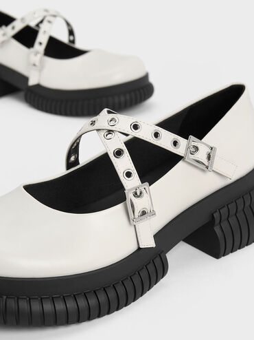 Grommet-Strap Platform Mary Janes, White, hi-res