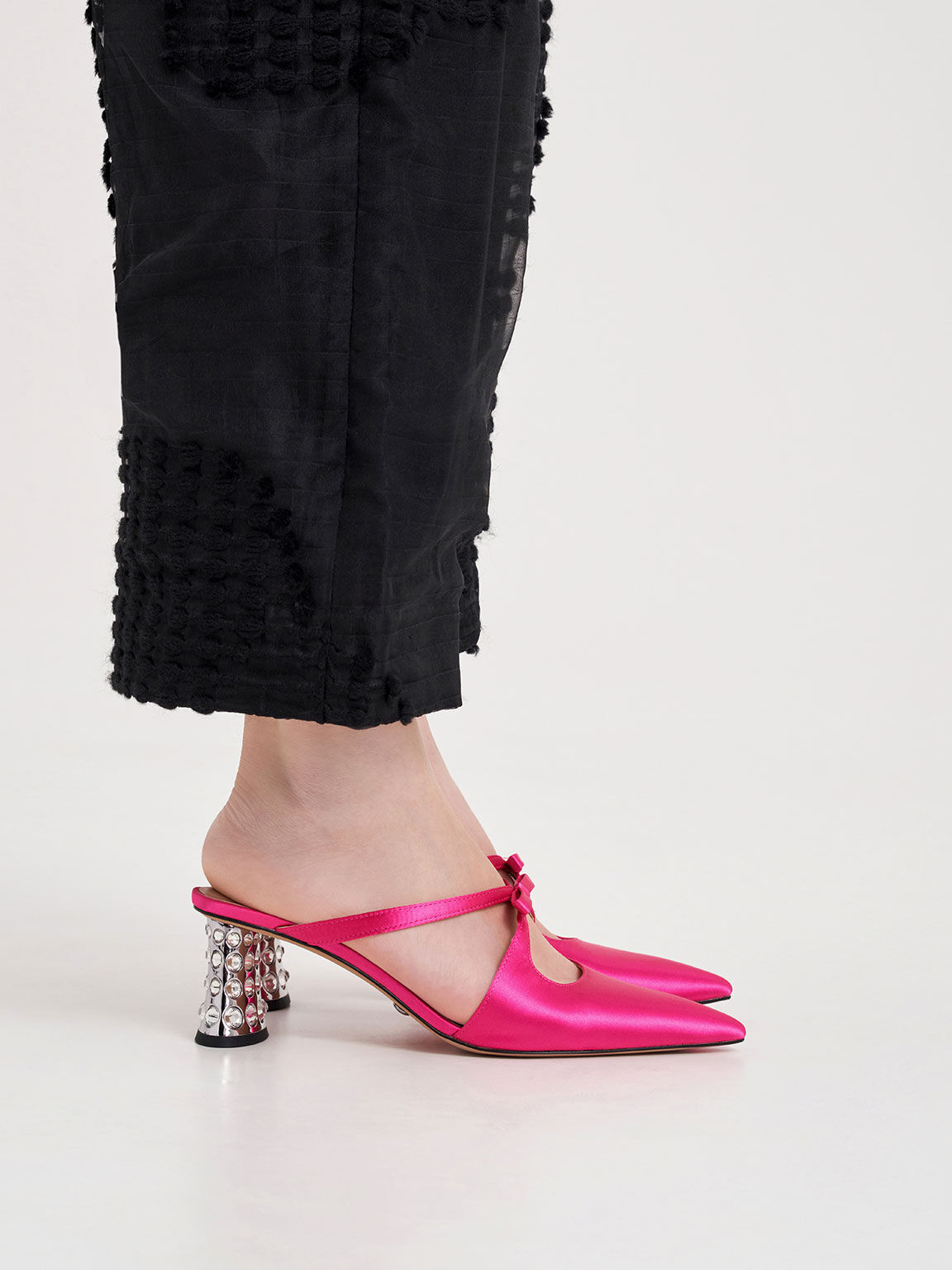 Bow Crossover Gem Embellished Mules Pink
