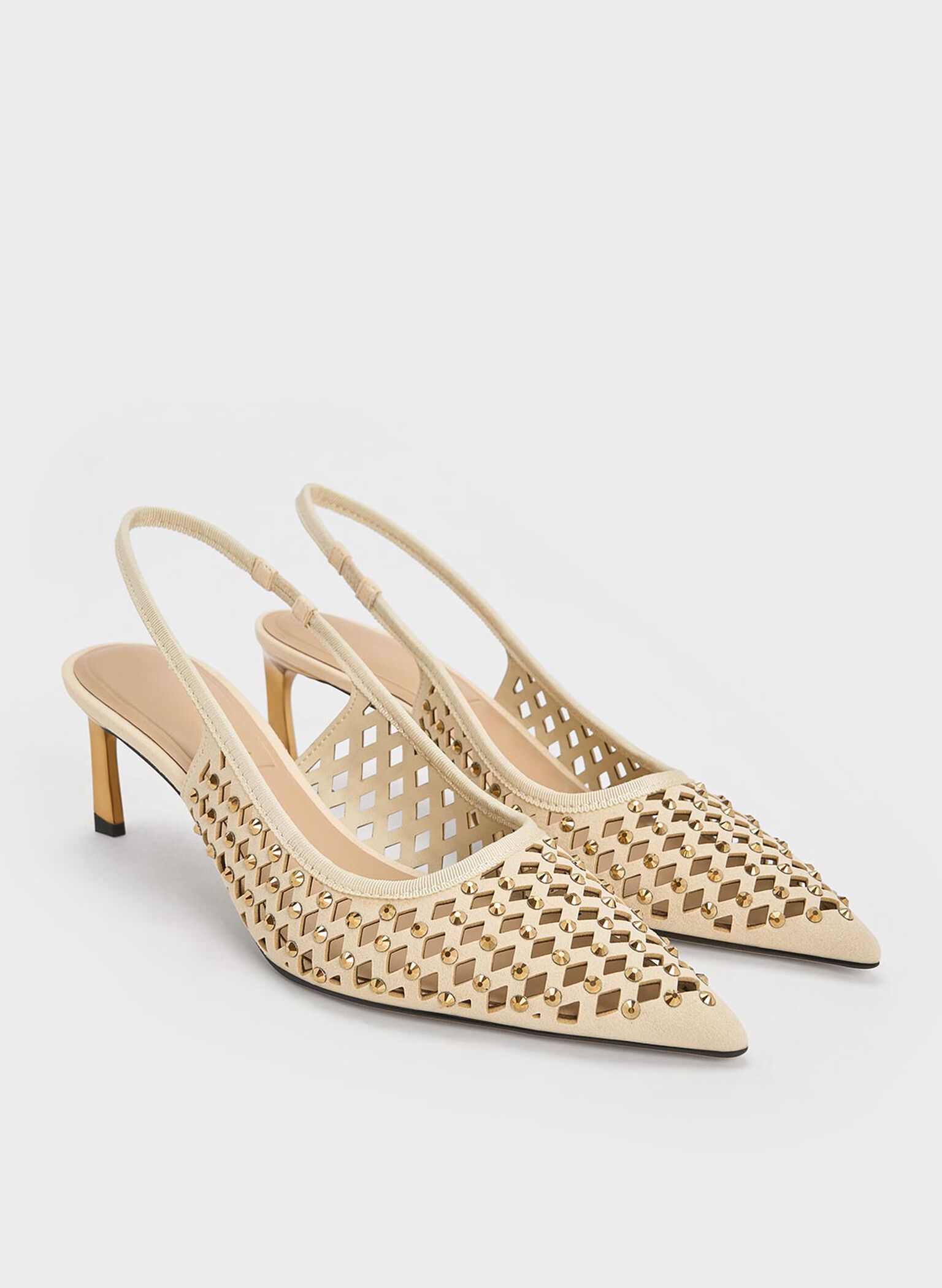 Studded Cut-Out Kitten-Heel Slingback Pumps, Cream, hi-res