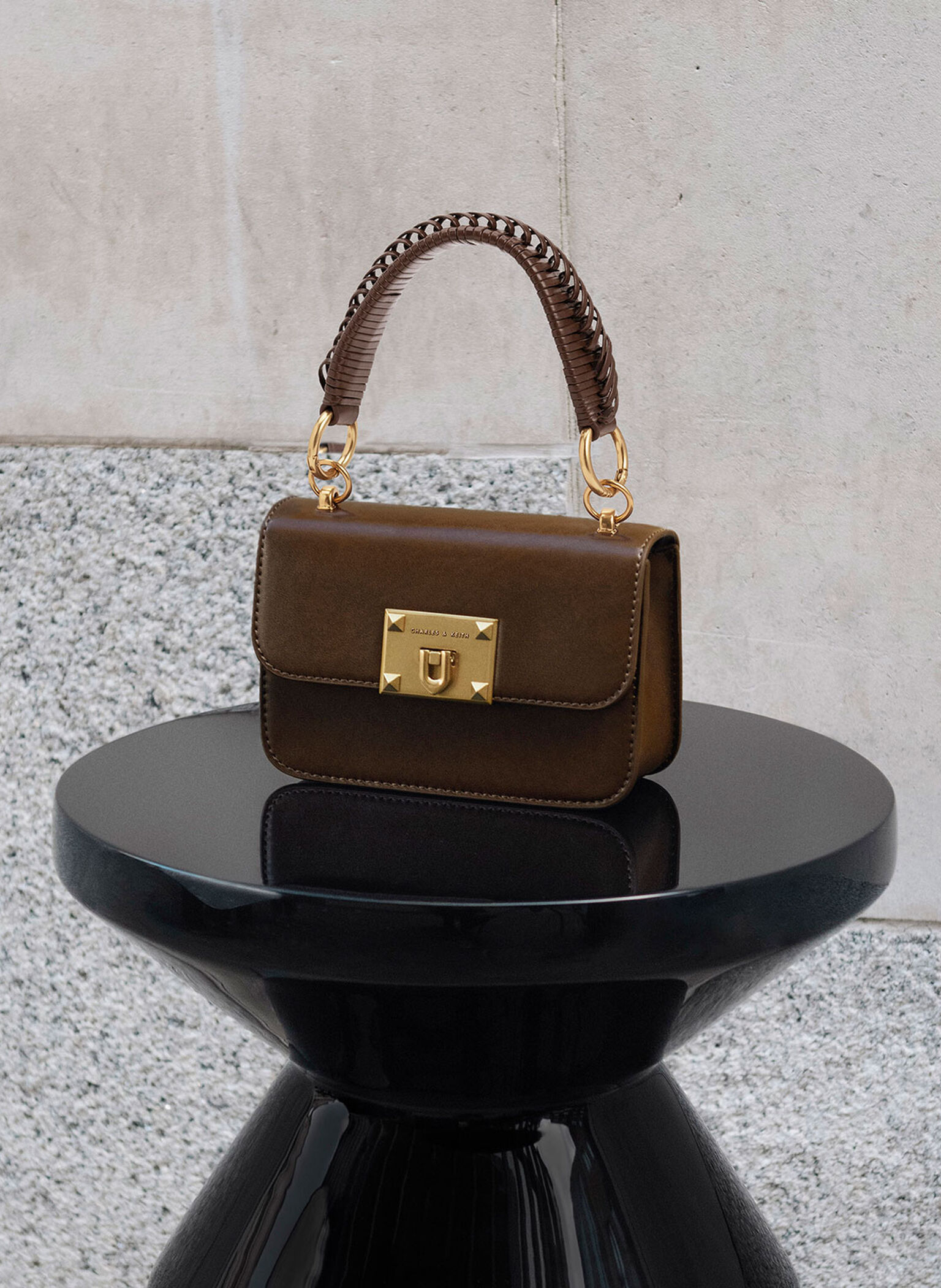 Metallic Turn-Lock Bag, Dark Brown, hi-res
