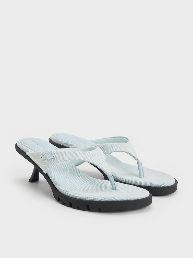Denim V-Strap Slant-Heel Thong Mules, Light Blue, hi-res