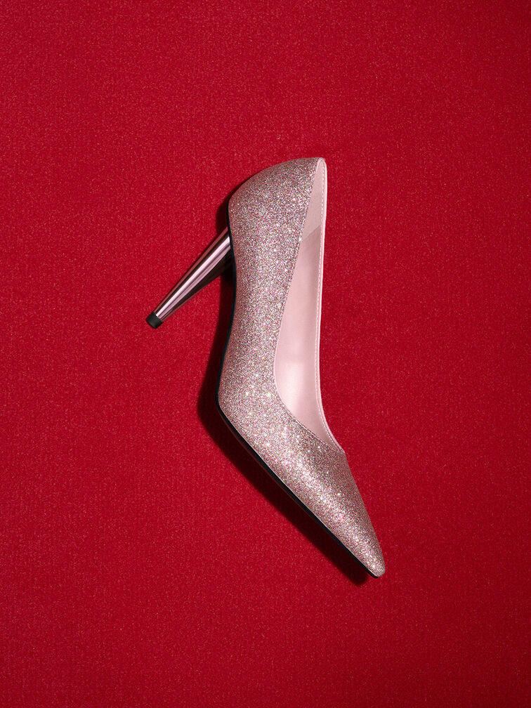 Glittered Cone-Heel Pointed-Toe Pumps, Pink, hi-res