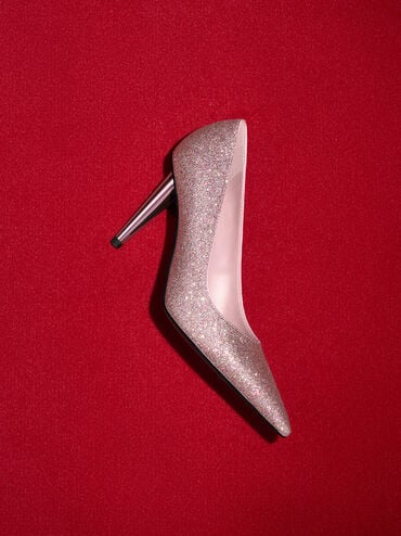 Glittered Cone-Heel Pointed-Toe Pumps, Pink, hi-res