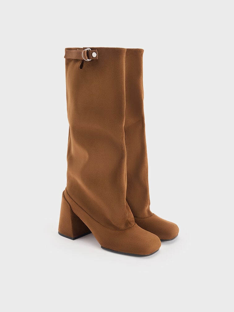 Robbie Faux Suede Side-Buckle Block-Heel Knee-High Boots, Brown, hi-res