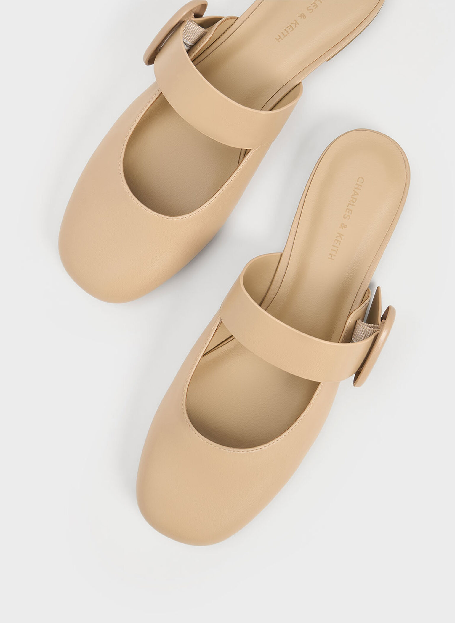 Oval-Buckle Flat Mules, Beige, hi-res