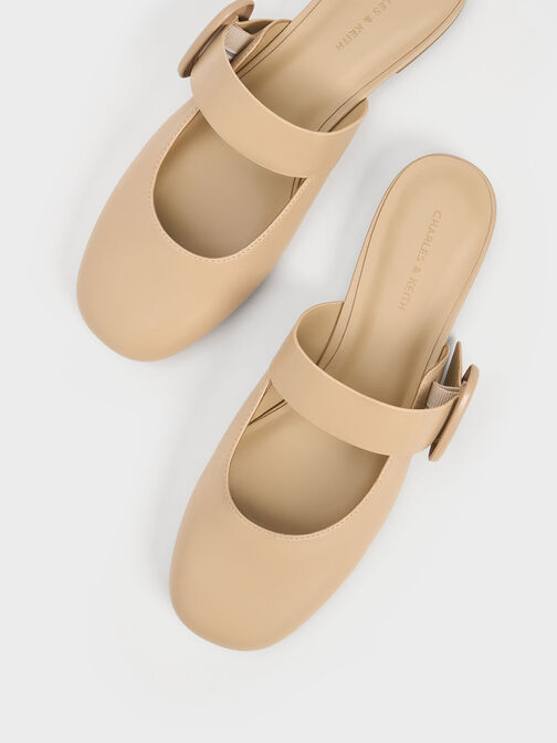 Oval-Buckle Flat Mules, Beige, hi-res