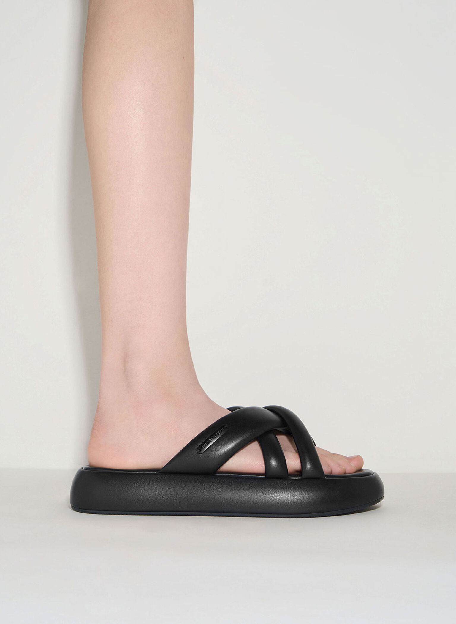 Puffy Crossover-Strap Slide Sandals, Black, hi-res