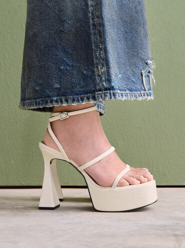 Strappy Sculptural-Heel Platform Sandals, Cream, hi-res