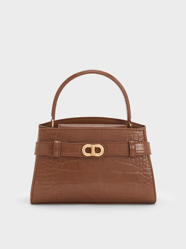 Aubrielle Croc-Effect Top Handle Bag, Chocolate Croco, hi-res