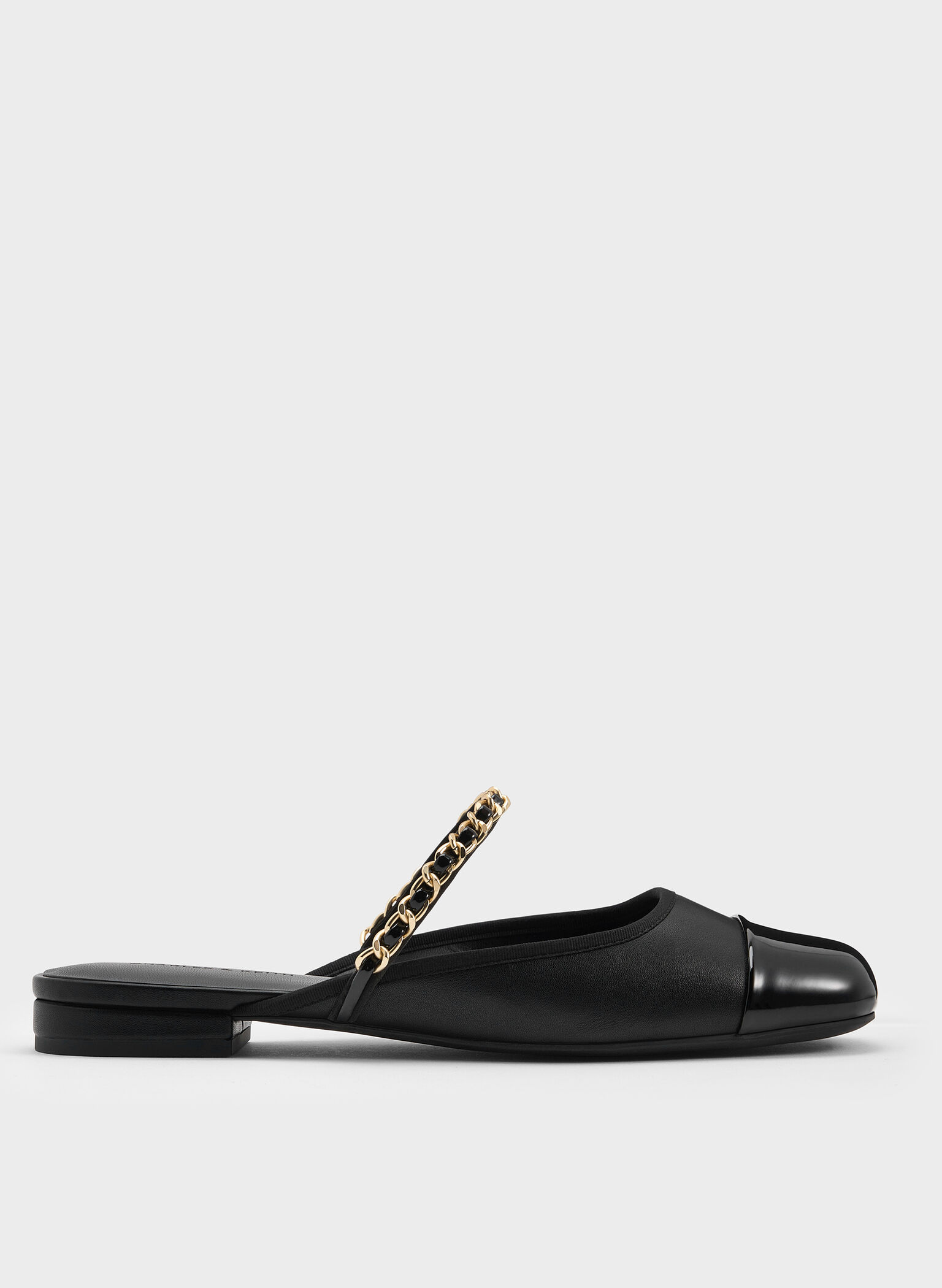 Patent Chain-Strap Mules, Black, hi-res