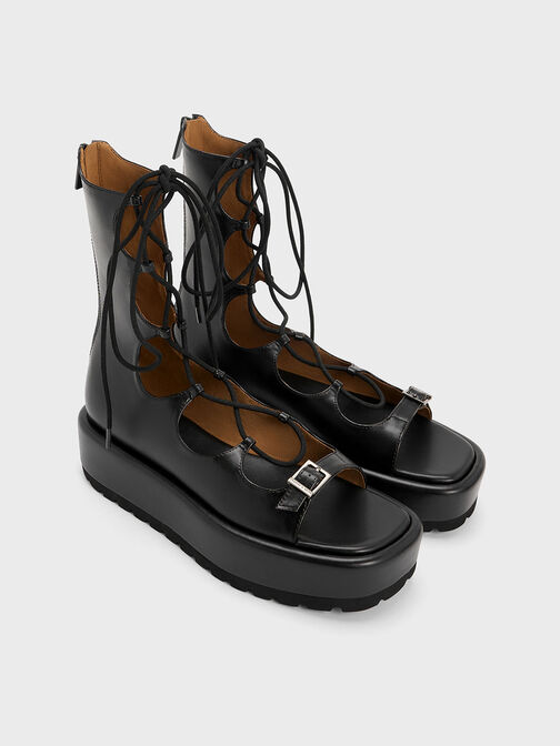 Gladiator Lace-Up Platform Sandals, Black, hi-res