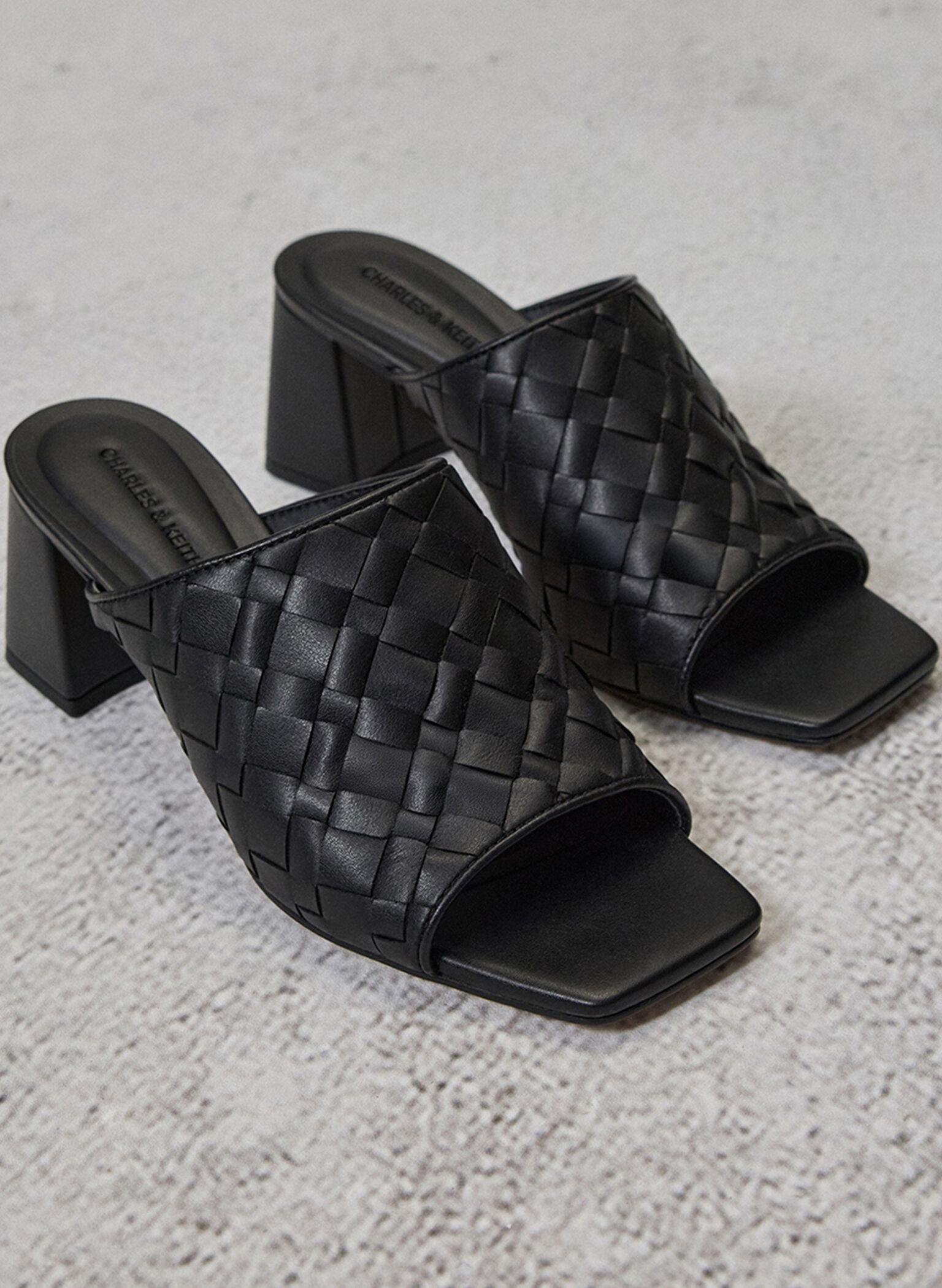 Woven Square-Toe Heeled Mules, Black, hi-res