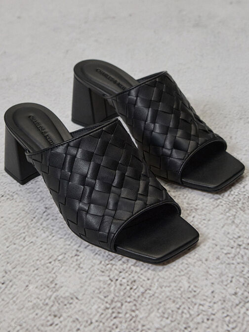 Woven Square-Toe Heeled Mules, Black, hi-res