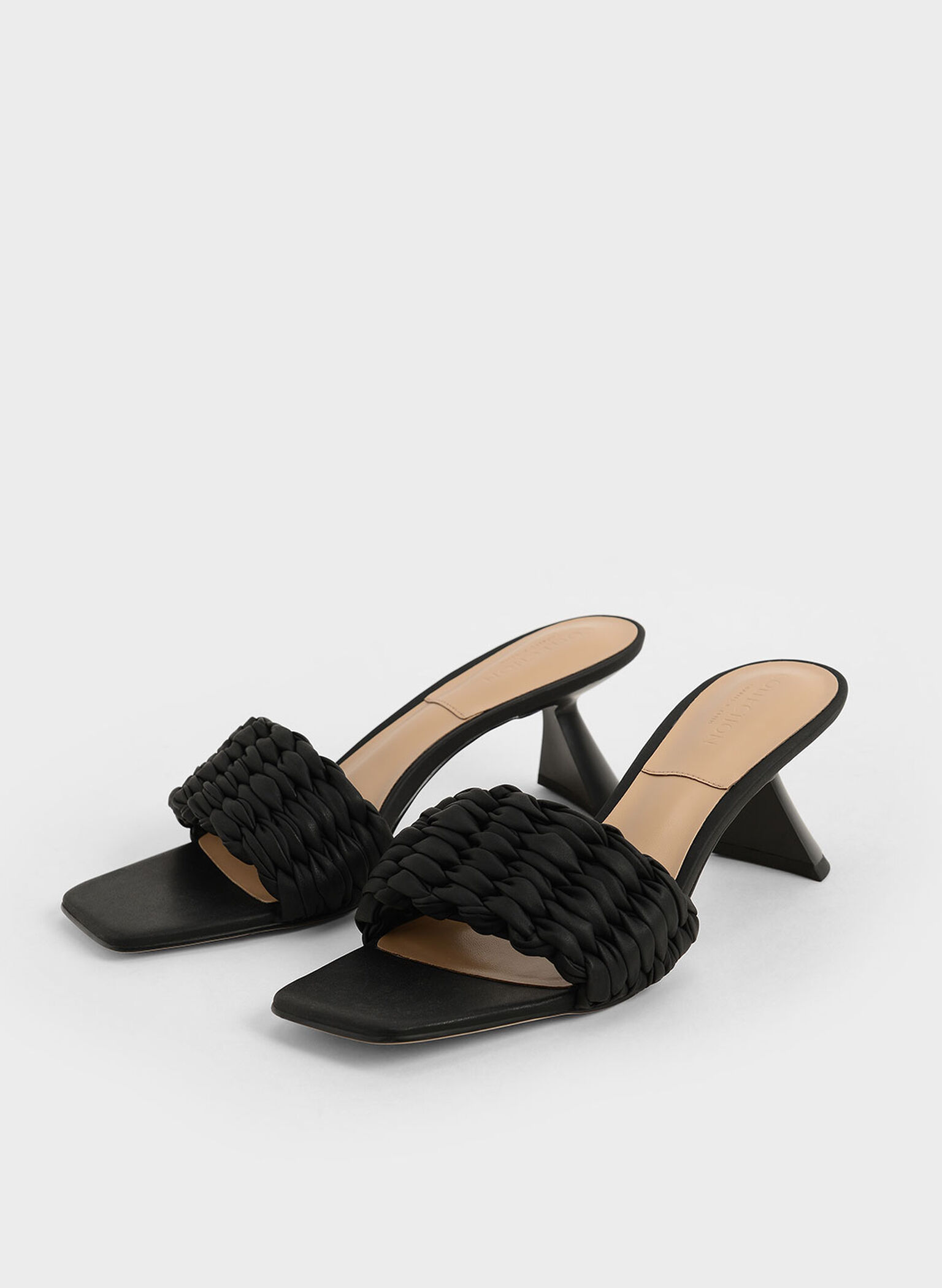 Pleated Sculptural Heel Sandals, Black, hi-res