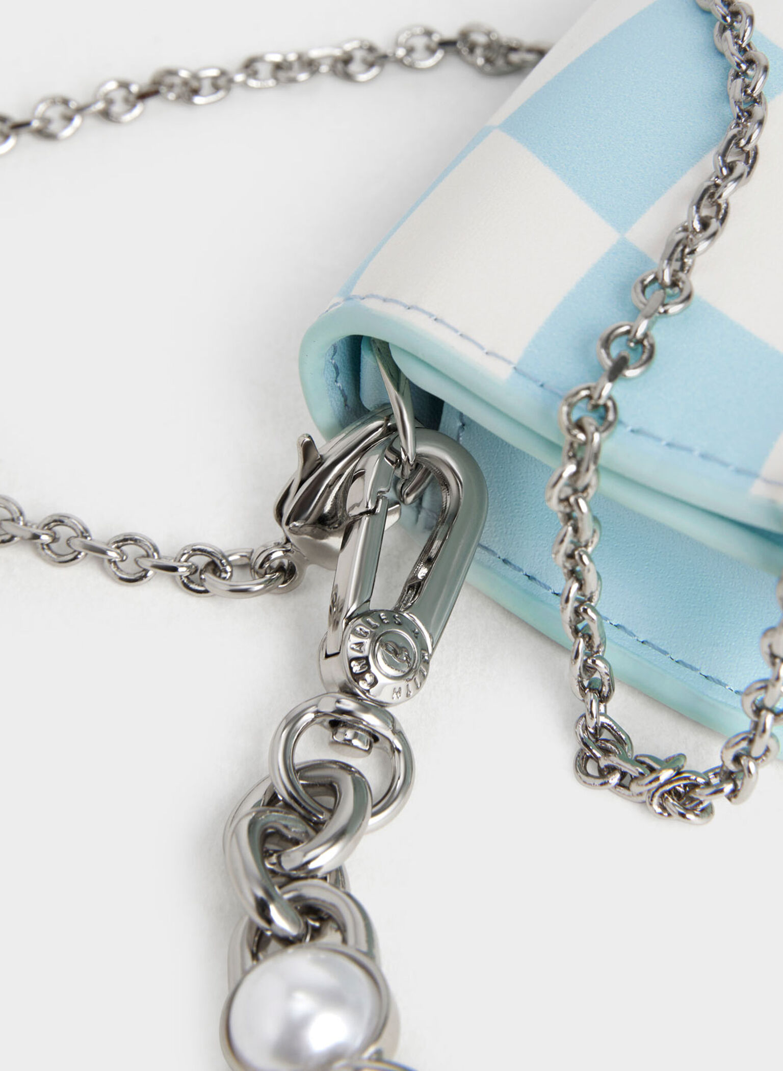 Chain Handle Checkered Vanity Pouch, Light Blue, hi-res