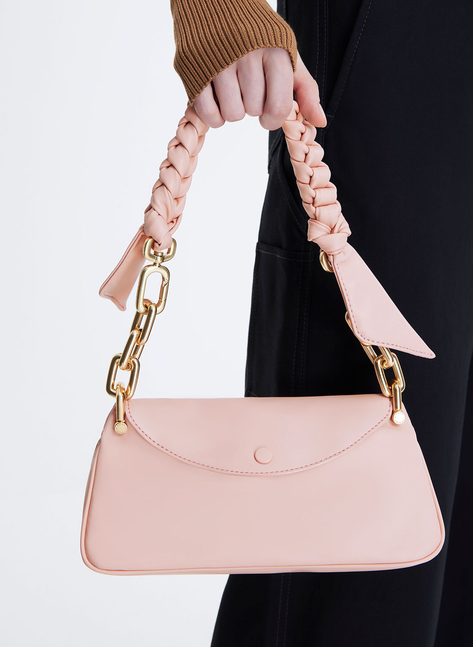 Cleona Braided Handle Hobo Bag, Light Pink, hi-res