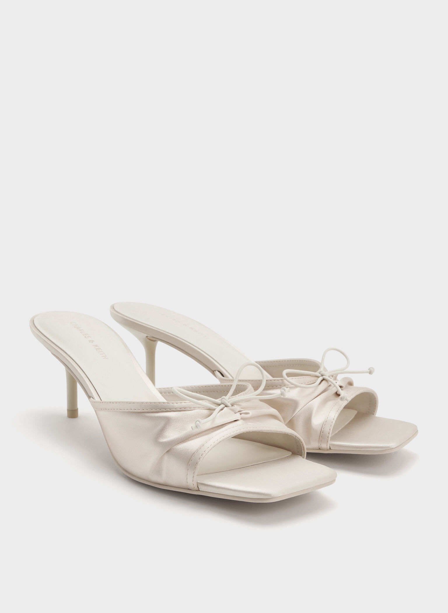Satin Ruched Bow Heeled Mules, Chalk, hi-res
