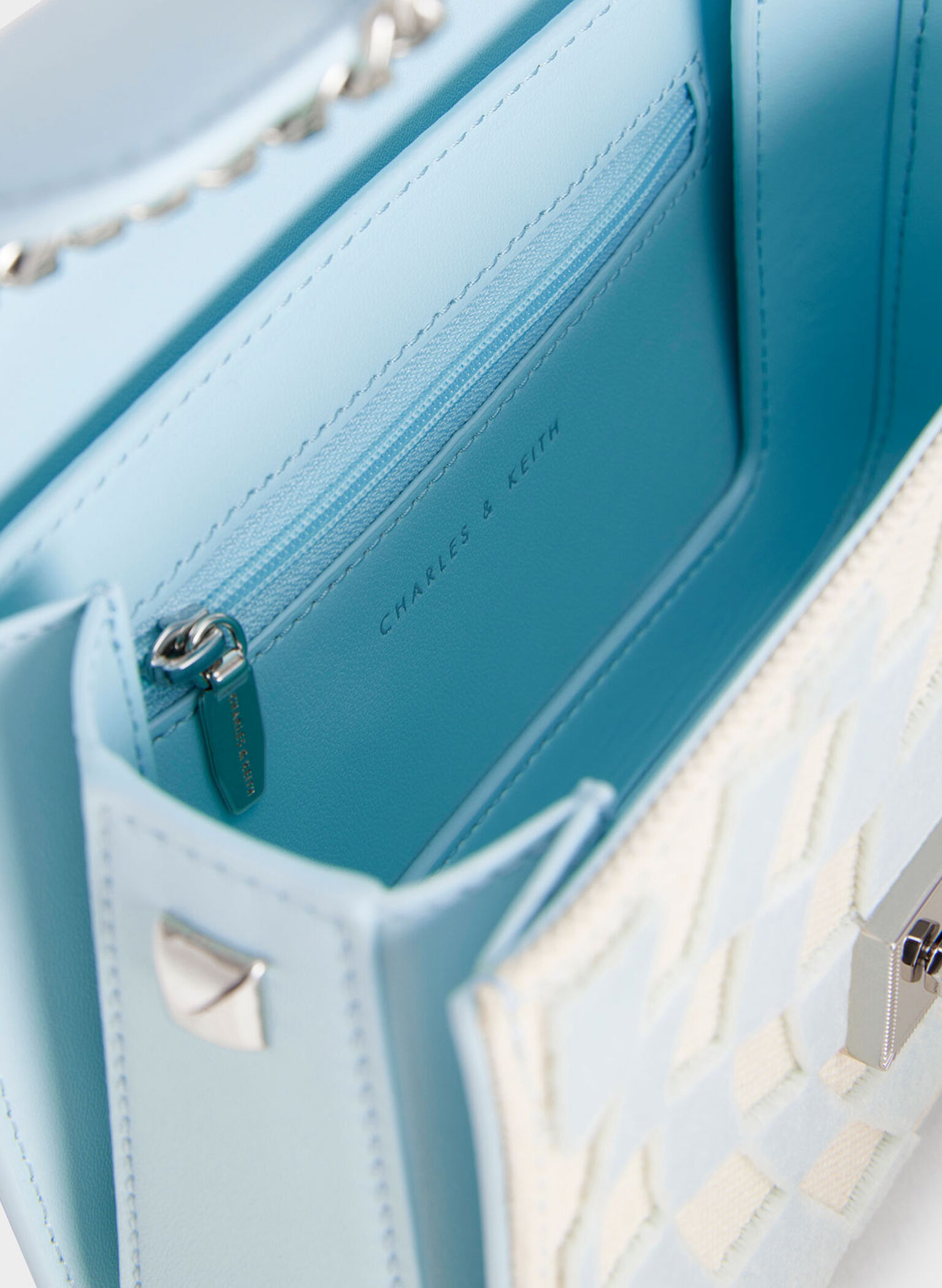 Metallic Push-Lock Checkered Chain Bag, Light Blue, hi-res