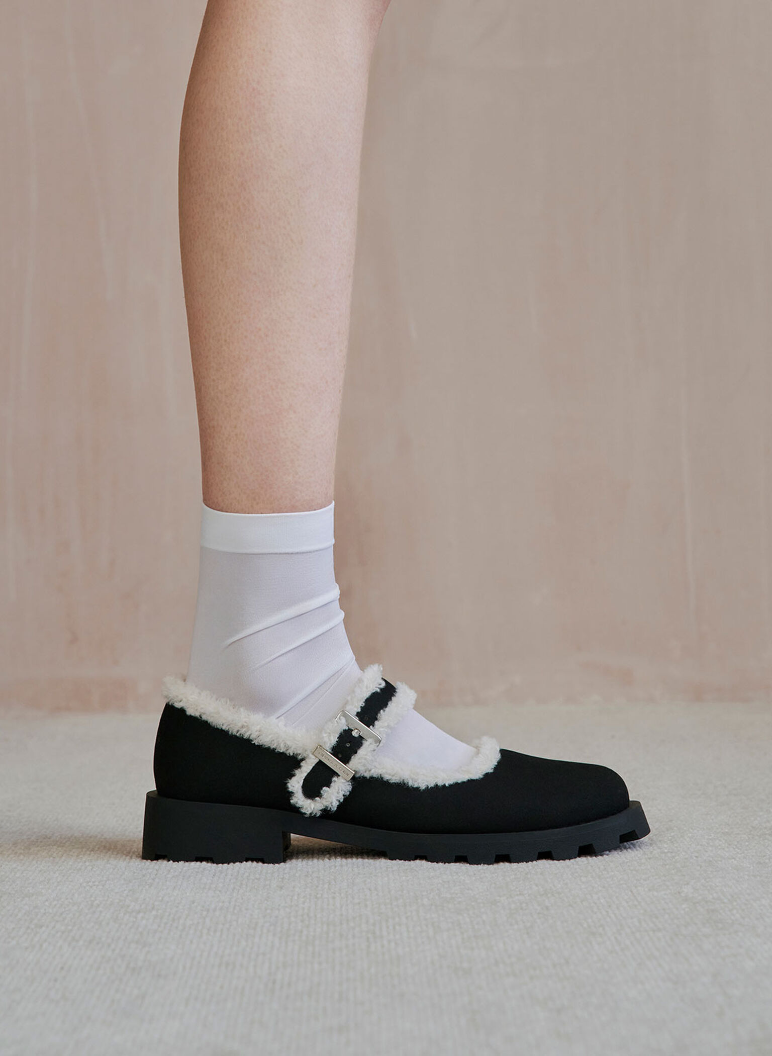 Textured Fur-Trim Buckled Mary Janes, Black Textured, hi-res
