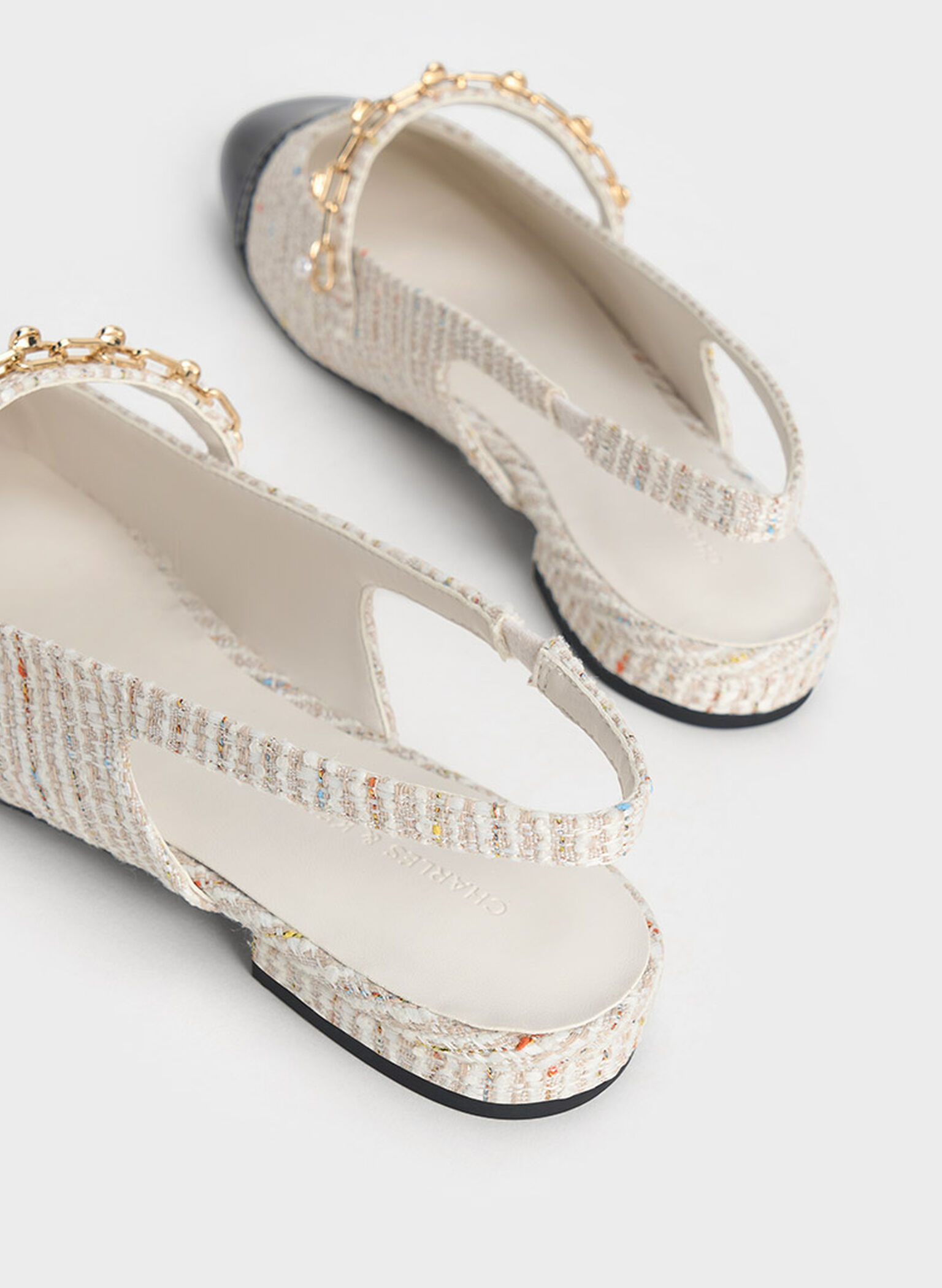 Rio Tweed Beaded Chain-Link Slingback Flats, Cream, hi-res