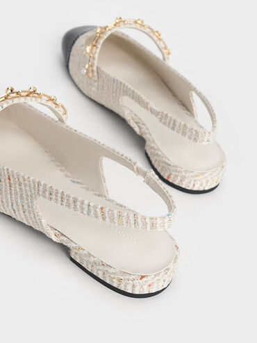 Rio Tweed Beaded Chain-Link Slingback Flats, Cream, hi-res