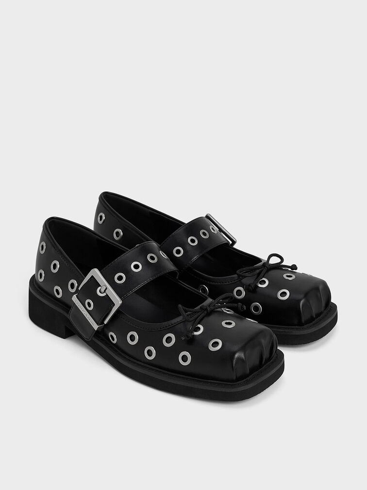 Grommet Buckled Mary Janes, Black, hi-res