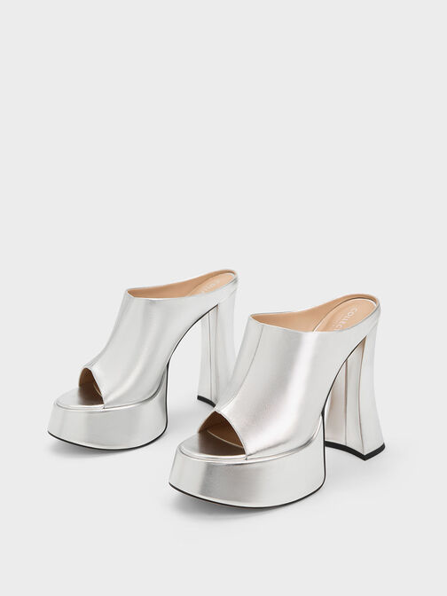 Delphine Leather Metallic Platform Mules, Silver, hi-res