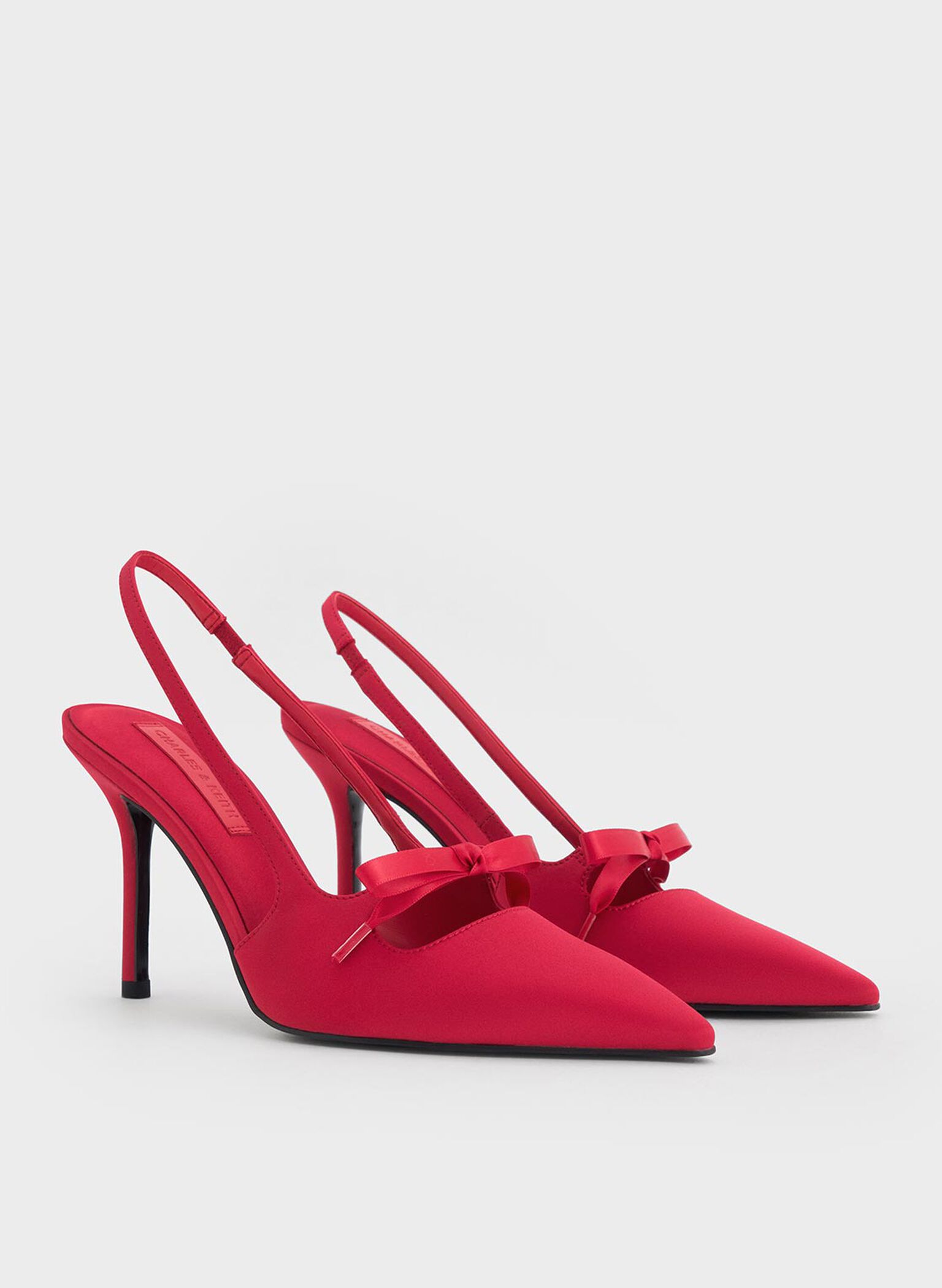 Satin Bow Pointed-Toe Slingback Pumps, Red, hi-res