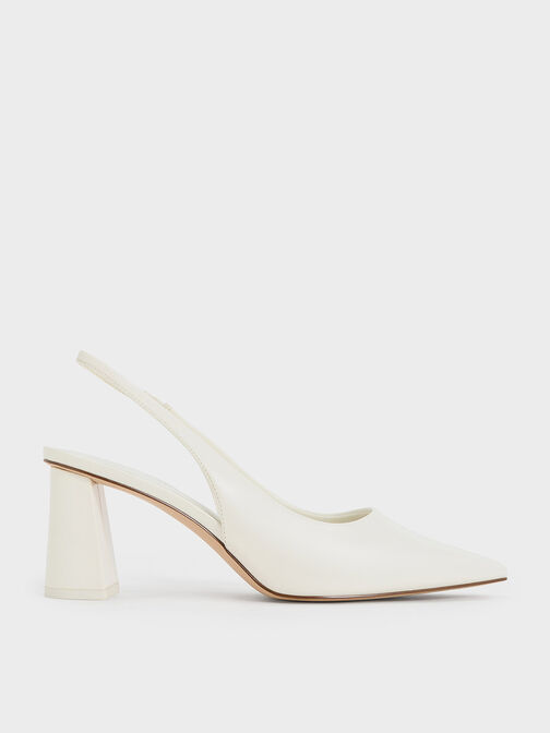 Trapeze Heel Slingback Pumps, White, hi-res