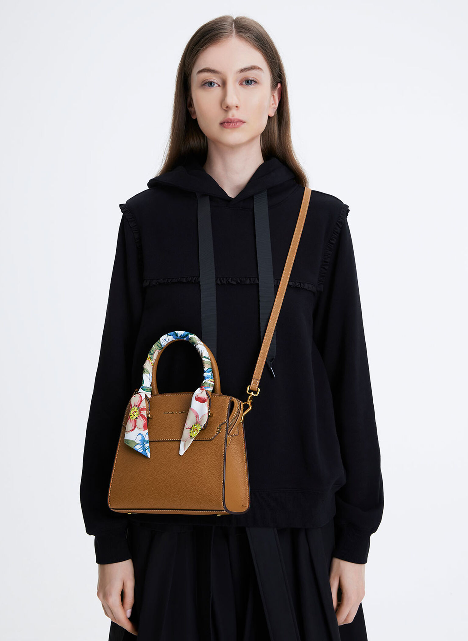 Scarf-Wrapped Top Handle Bag, Camel, hi-res