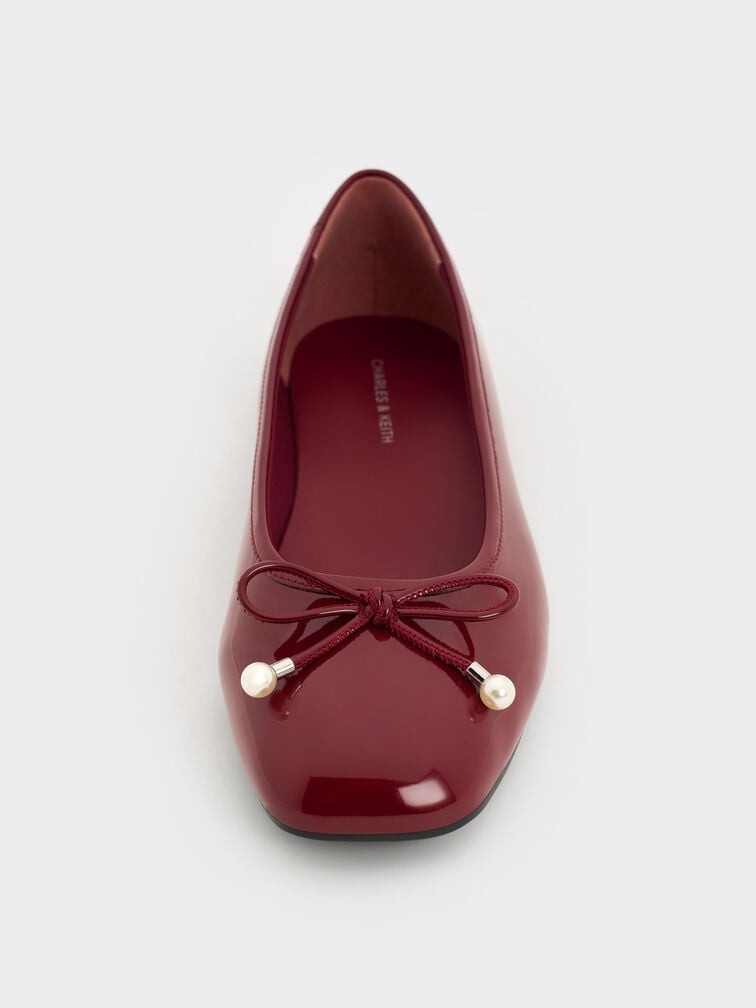 Barbara Patent Pearl-Embellished Bow Ballet Flats, Red, hi-res