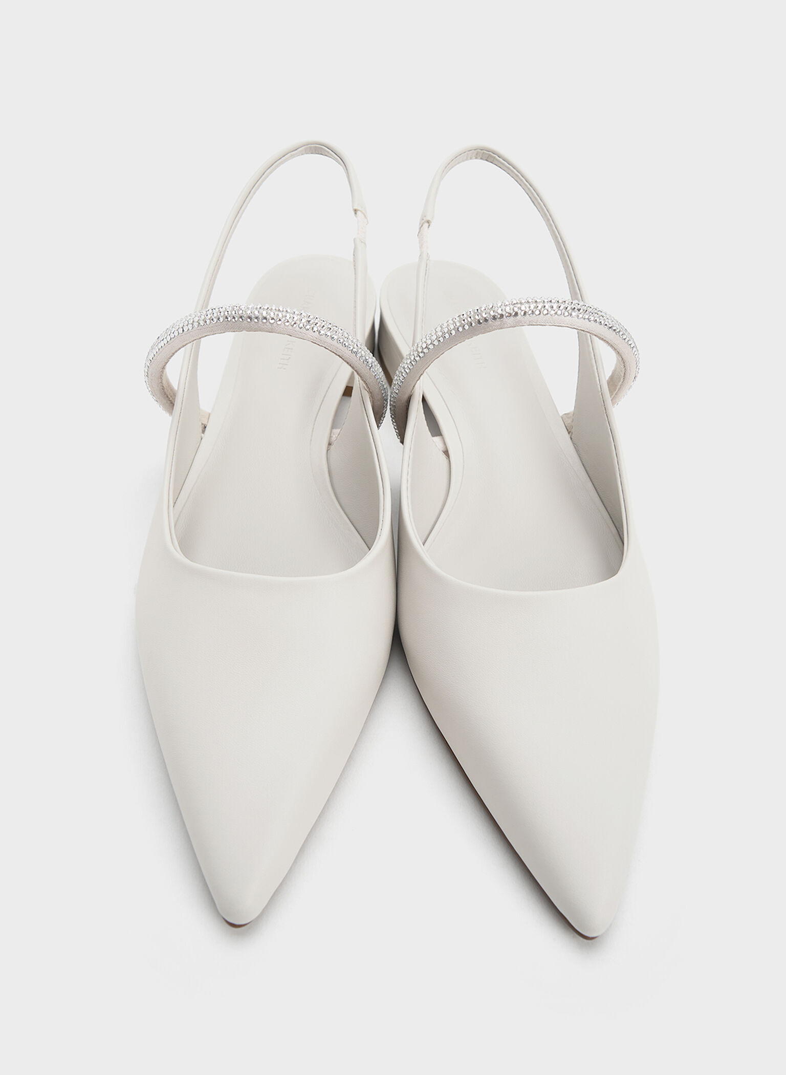 Crystal-Strap Pointed-Toe Slingback Flats, White, hi-res