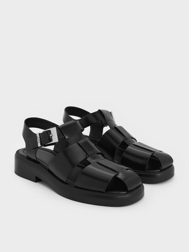 Leather Caged Sandals, Black, hi-res