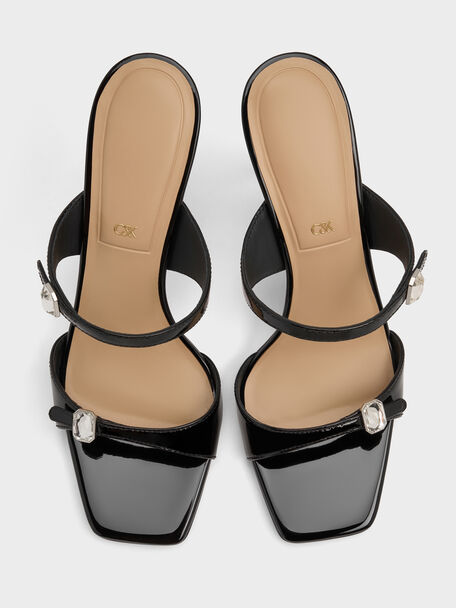 Patent Leather Gem-Buckle Double-Strap Heeled Sandals, Black Patent, hi-res