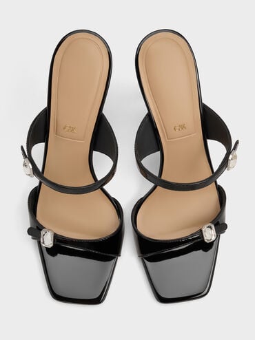 Patent Leather Gem-Buckle Double-Strap Heeled Sandals, Black Patent, hi-res