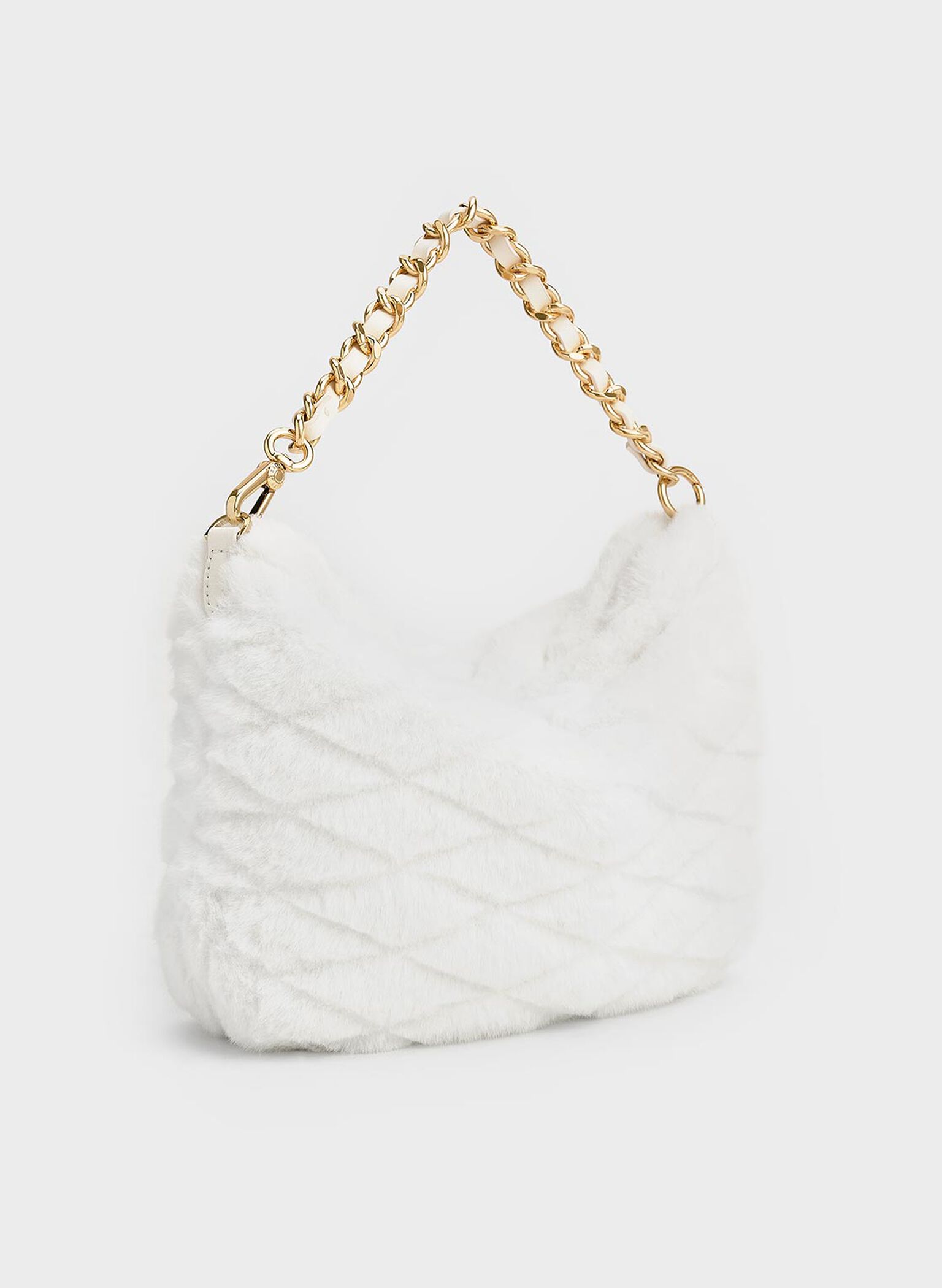 Duo Furry Quilted Crescent Bag, White, hi-res