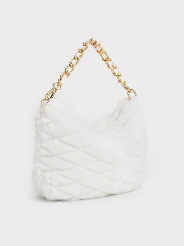 Duo Furry Quilted Crescent Bag, White, hi-res