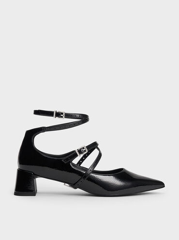 Crinkle-Effect Strappy Buckled Pumps, Black Patent, hi-res