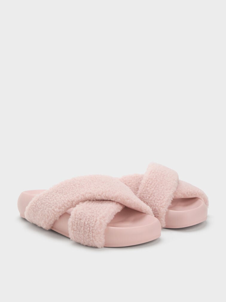 Lumi Faux Shearling Crossover-Strap Slide Sandals, Pink, hi-res