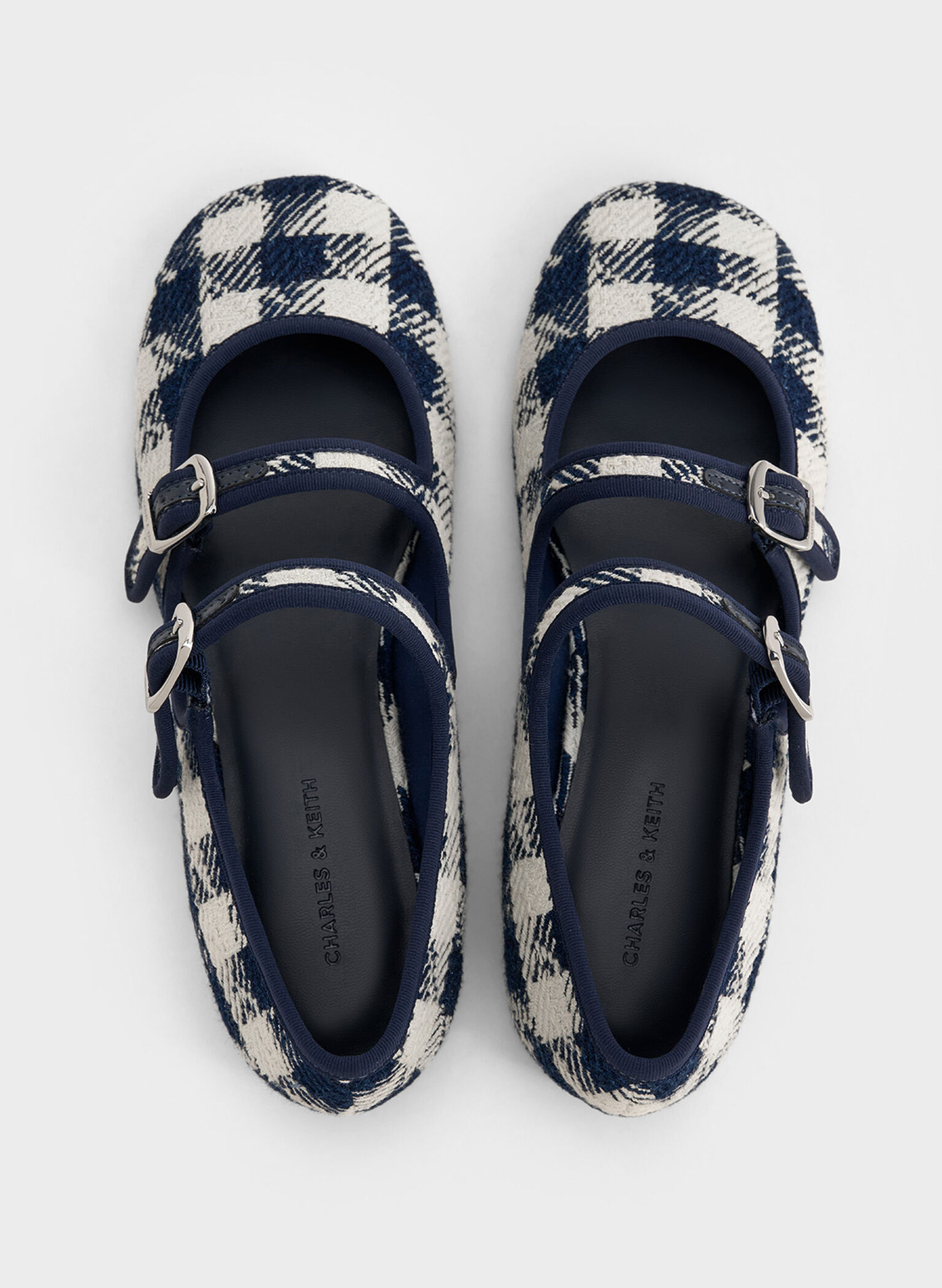 Checkered Double-Strap Mary Jane Flats, Dark Blue, hi-res