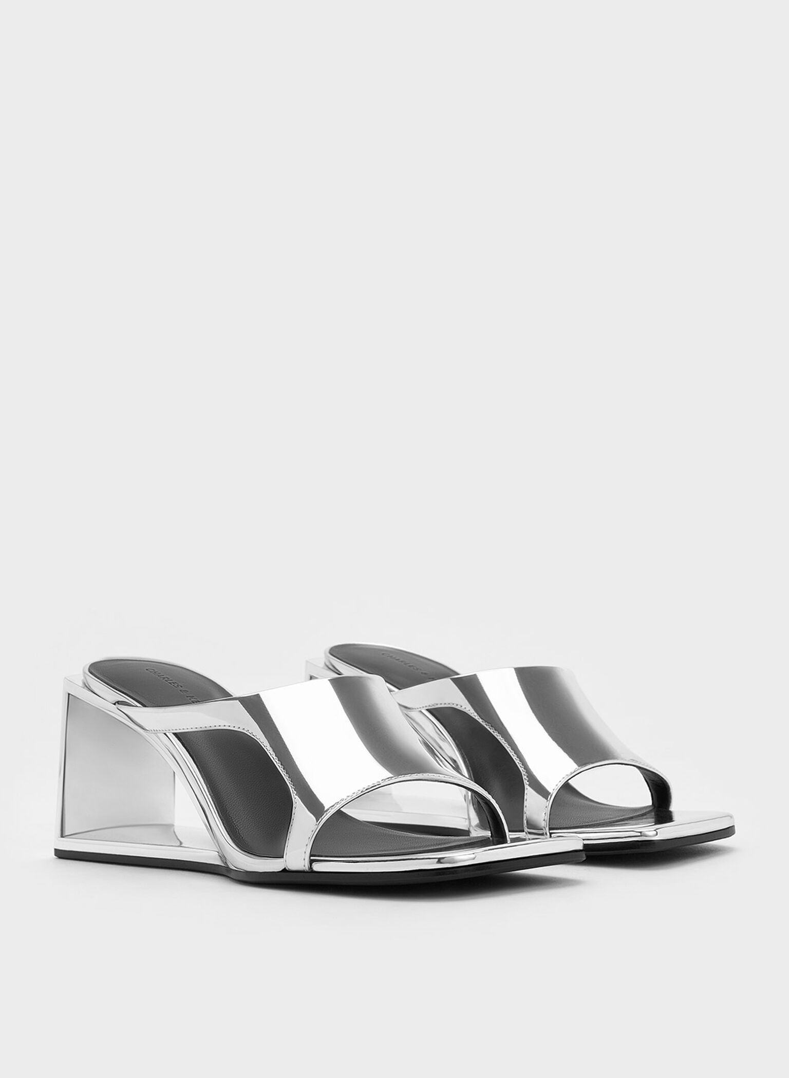 Xeli Metallic Triangle-Heel Mules, Silver, hi-res