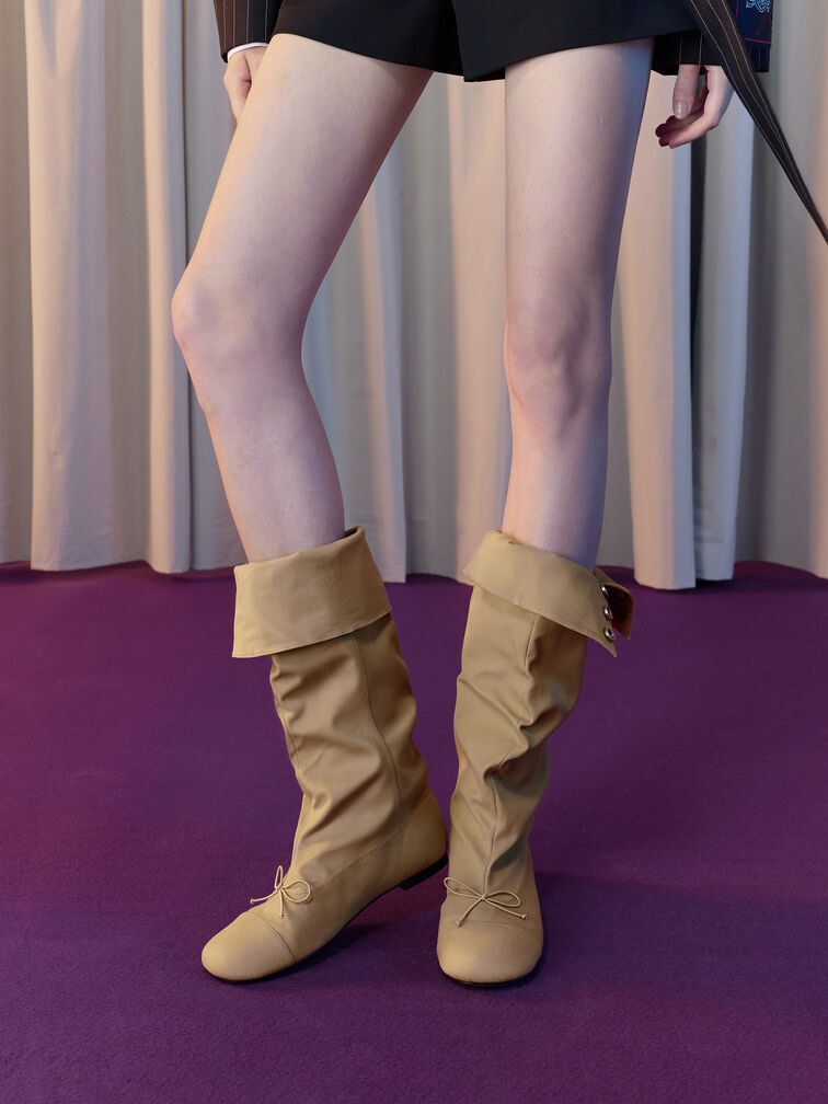 Gael Twill Studded Slouchy Knee-High Boots, Beige, hi-res