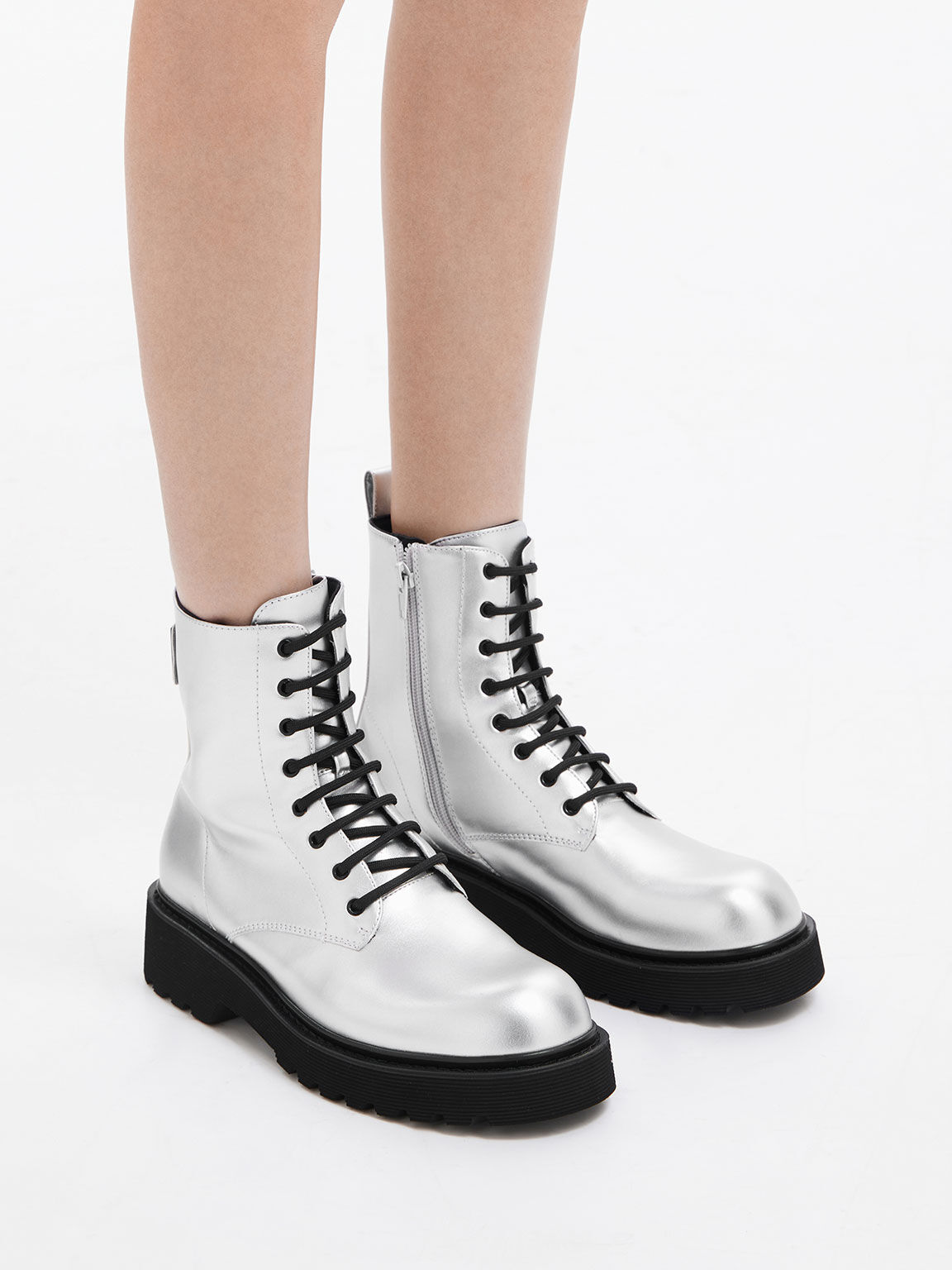 Silver metallic combat boots shop