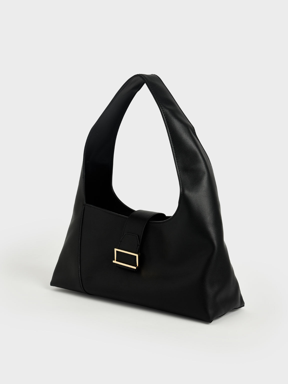 Leather Hobo Bag, Black, hi-res