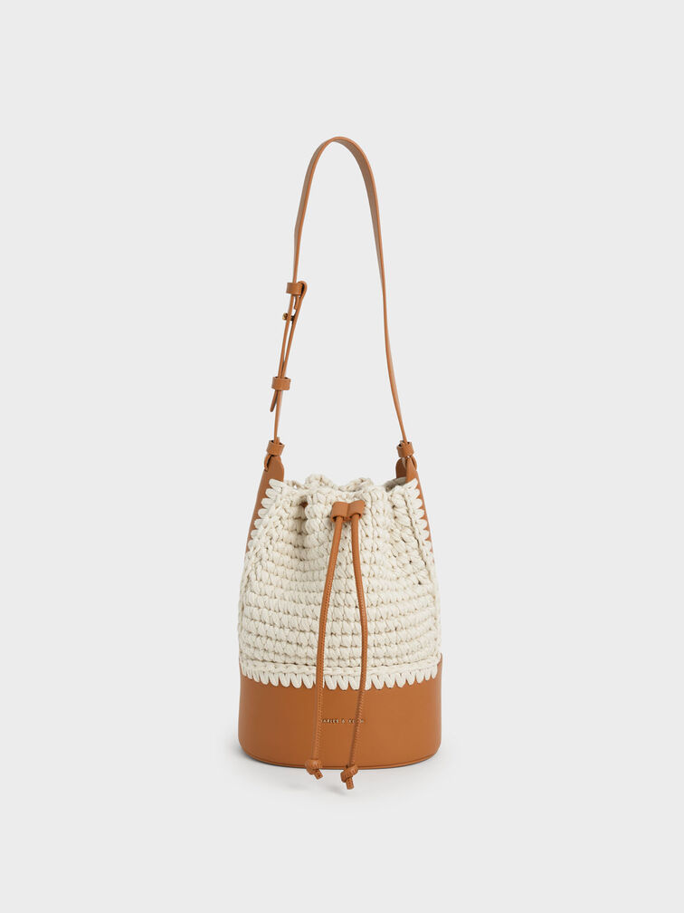 Crochet Drawstring Bucket Bag, Cognac, hi-res