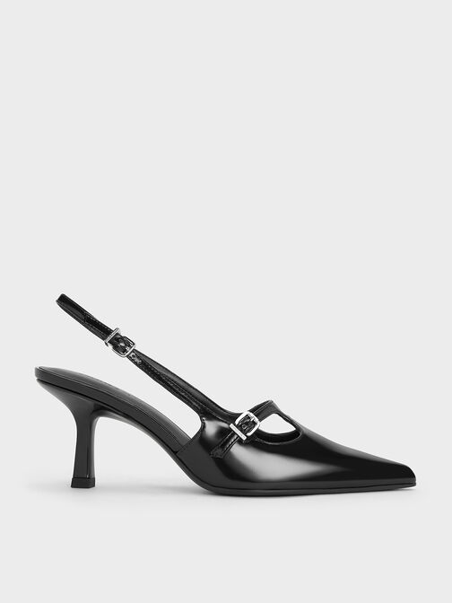 T-Bar Pointed-Toe Slingback Pumps, Black Box, hi-res